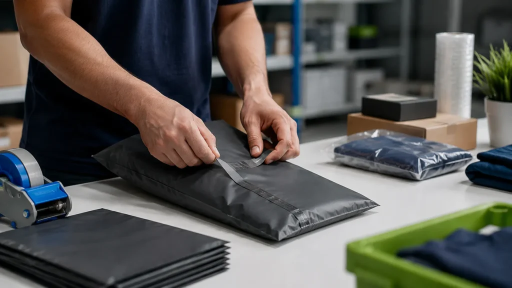 Envelope de segurança para e-commerce sendo lacrado durante processo de embalagem de produtos para envio.