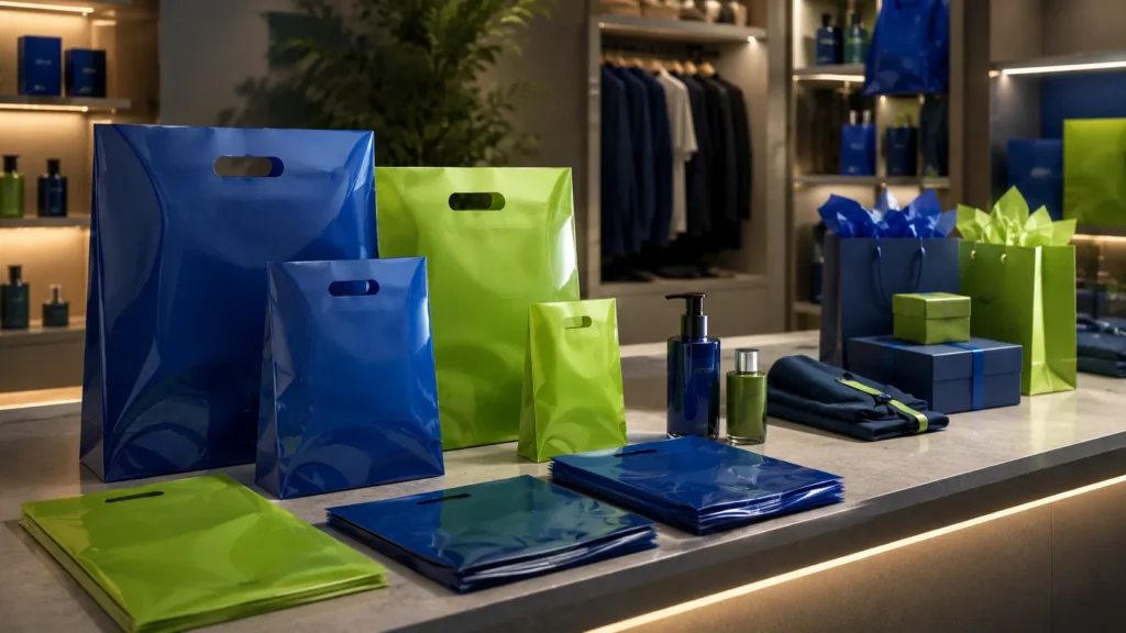 Sacolas plásticas personalizadas expostas em ambiente comercial para valorização da marca.