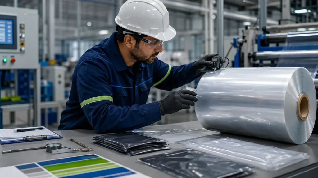 Fábrica de embalagens plásticas realizando controle de qualidade em bobinas de filme plástico.