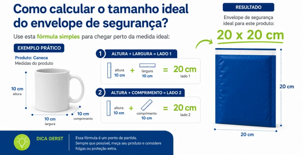 Fórmula para calcular o tamanho ideal do envelope de segurança para e-commerce: altura + largura e altura + comprimento do produto