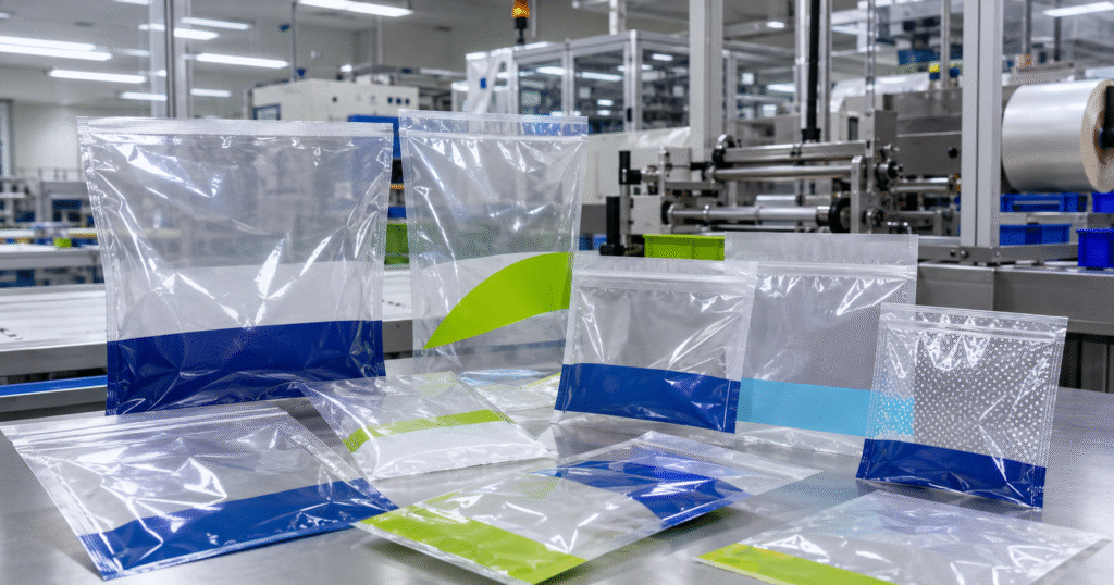 Saco plástico personalizado em diferentes modelos e tamanhos expostos em ambiente industrial.