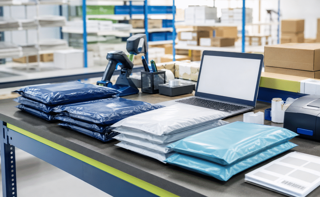 Envelope de segurança para e-commerce organizado em bancada de expedição com diferentes tamanhos e notebook ao lado.