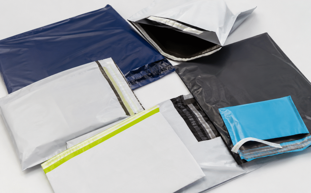 Diferentes modelos de envelopes plásticos de segurança com lacre inviolável em várias cores e tamanhos.