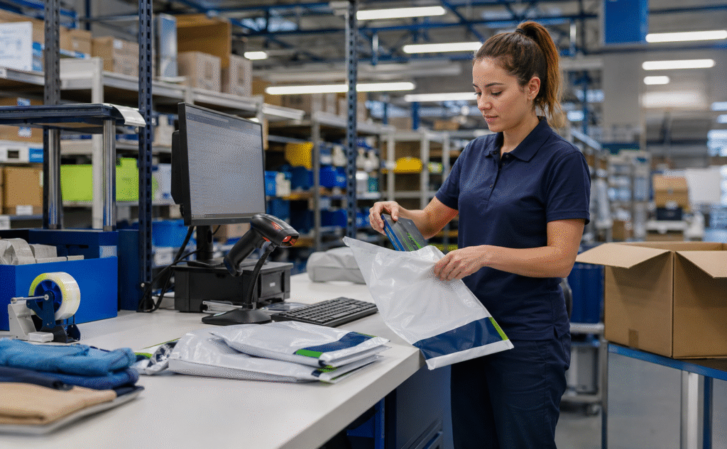 Envelope de segurança para e-commerce sendo utilizado por operadora durante o processo de embalagem de pedidos.
