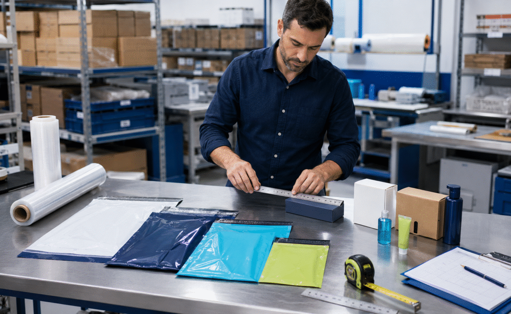 Envelope plástico transparente, branco e azul para envio de produtos com fechamento adesivo.