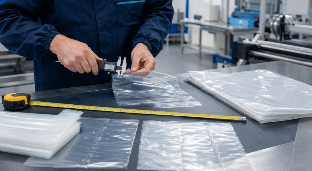 Técnico medindo a espessura de saco plástico com paquímetro em ambiente industrial.