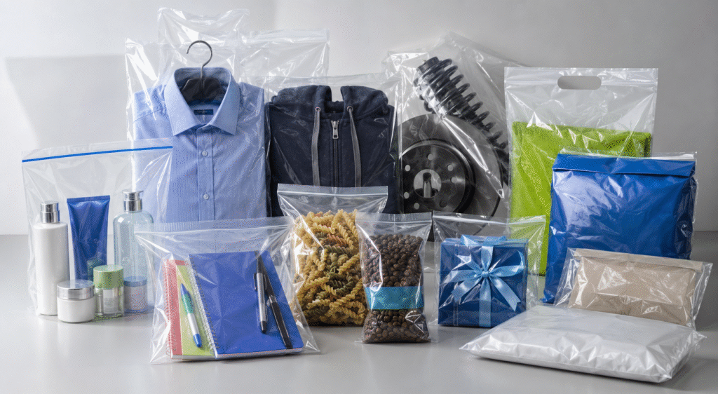 Produtos embalados em diferentes tipos de sacos plásticos para diversos segmentos de mercado.
