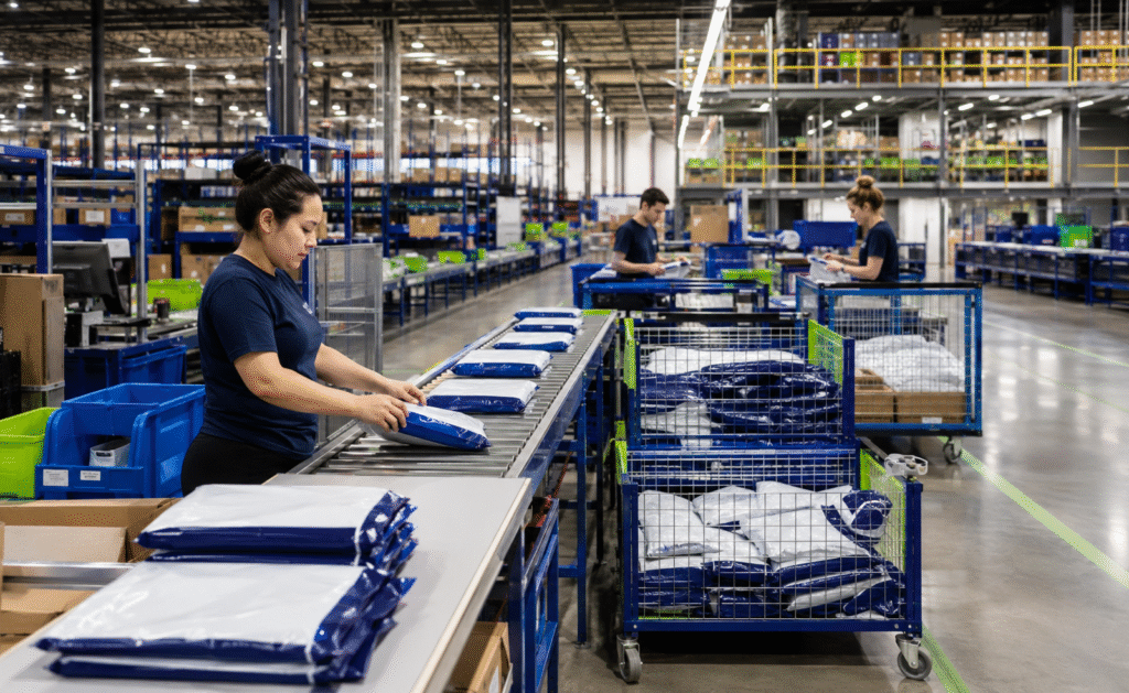 Envelope de segurança para e-commerce sendo separado em centro de distribuição logístico.