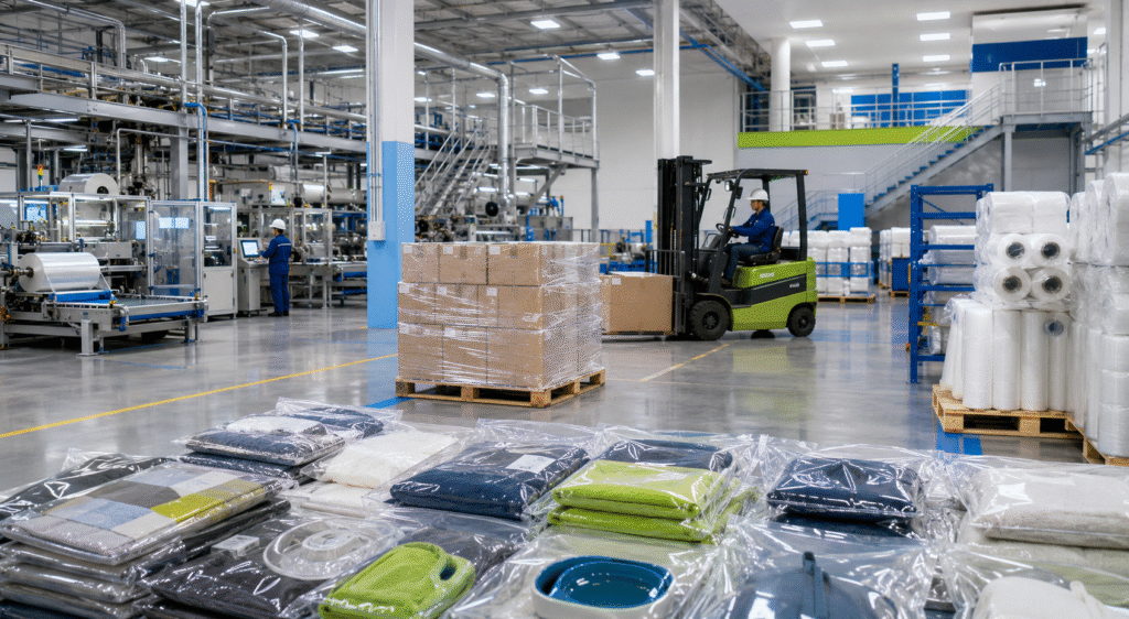 Saco plástico personalizado utilizado para embalar produtos em ambiente industrial.