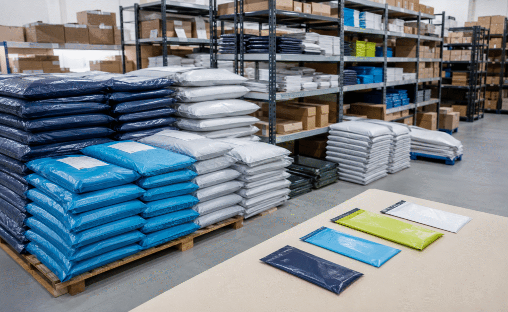 Paletes com grandes quantidades de envelopes plásticos organizados em estoque industrial.