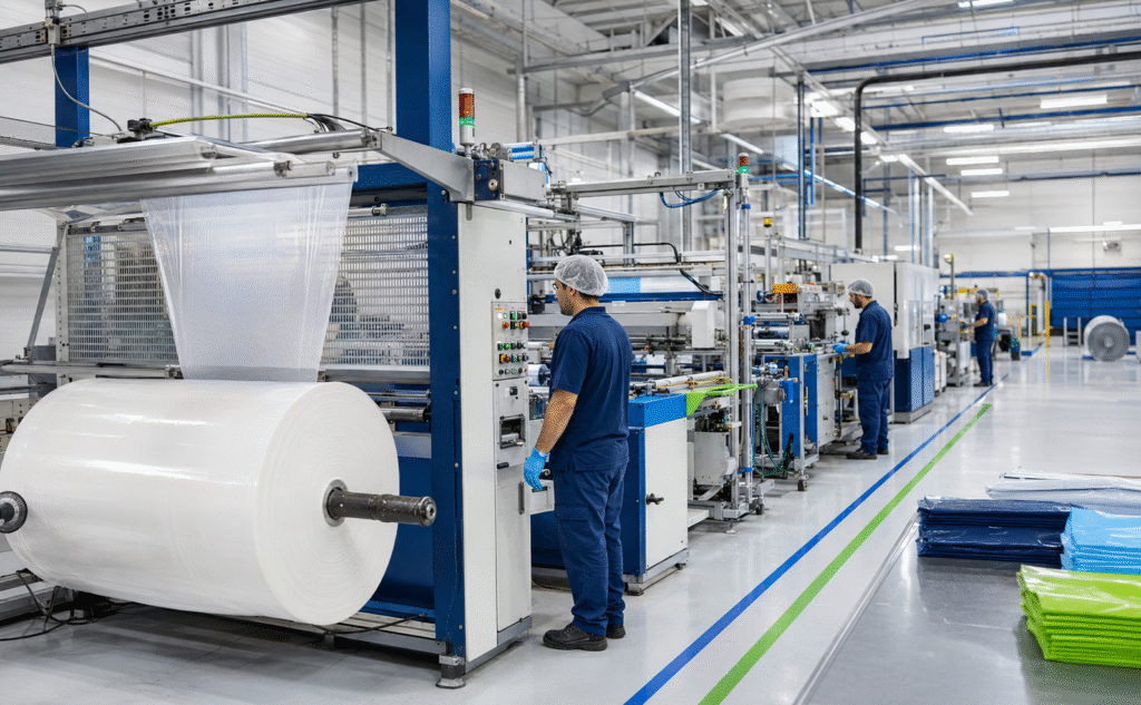 Envelope de segurança para e-commerce produzido em máquina industrial de alta capacidade.