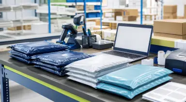 Envelope de segurança para e-commerce organizado em bancada de expedição com diferentes tamanhos e notebook ao lado.